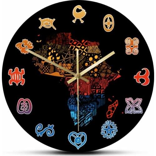 Adinkra Symbols Afrocentric Decor Modern Design Wall Clock Black American Art Quiet Movement Quartz Clock African Map Wall Clock
