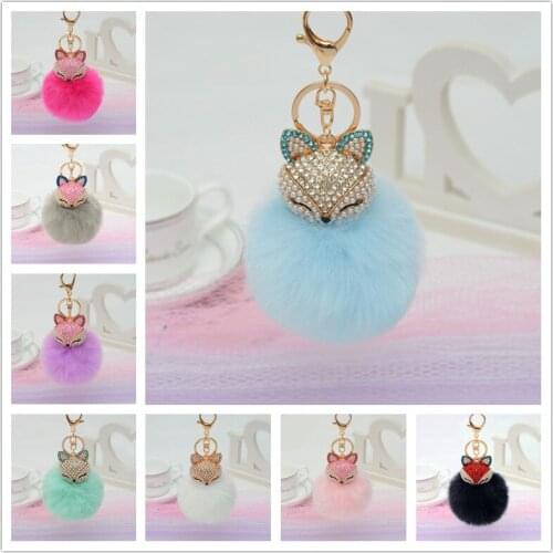 2020 new exquisite cute fox fluffy plush ball keychain key ring fox head ladies bag plush pendant car gift ornaments