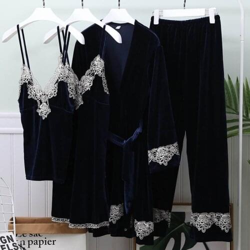 2020 women pajamas Gold velvet warm winter 4 pieces home service sexy lace pajamas set long sleeve robe suit female sleepwear