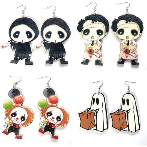 Halloween Earrings for Women Wood Gothic Ghost Zombie Clown Pumpkin Witch Funny Cartoon Dangle Earrings Fashion Jewelry Gifts