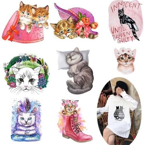 Cute Cat Heat Transfer Vinyl Stickers Iron on Transfers For Clothing Transfer Clothing Stickers on Clothes Print Applique Cloth