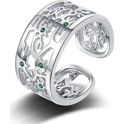 Vintage Life Tree Rings For Women Men Green Zircon Stone Hollow Branch Vine Pattern Wide Finger Ring Jewelry Accessories Gifts
