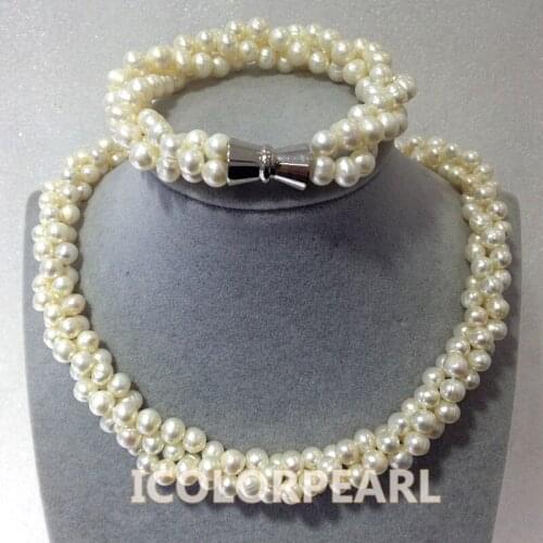 WEICOLOR Elegant Three Strand Twisted 6-7mm Nearround White Natural Freshwater Pearl Jewelry Set.Best Wedding jewelry For Girls