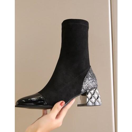 Women Mid Calf Boots Elastic Flock Autumn/Winter Shoes 2021 Pointed Toe Shining Square Heel Fashion Female Footware BLACK