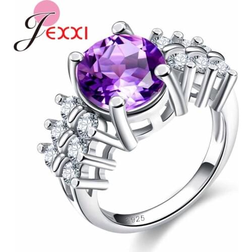 Women Fashion Sparkly Clear Purple Crystal Rhinestone Jewelry 925 Sterling Silver Engagement Propose Rings