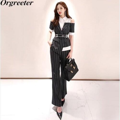 2020 Summer New Office lady Striped Two piece set Patchwork Lapel Off shoulder Short Sleeve Shirt and Pants Suits With Belt