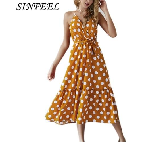 Summer Women Dress Vintage Polk Dot Print Sexy V-neck Bohemian Tunic Beach Elegant Dress Sundress Bandage Dress Female Vestido