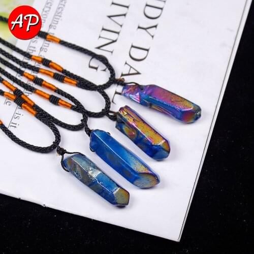 AP 1 Pcs Natural Electroplating Colorful Crystal Pendant Healing Stone Hexagonal Prism Jewelry For Women Man