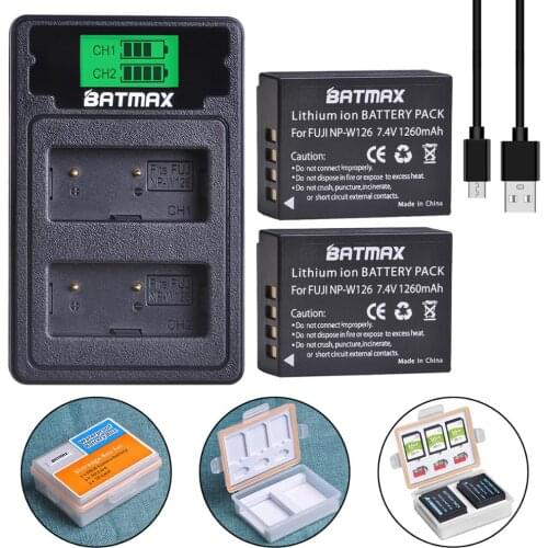 Batmax 2Pcs NP-W126 Battery+LCD Dual USB Charger for Fujifilm FinePix HS30EXR HS33EXR X-Pro1 X-E1 X-E2 X-M1 X-A1 X-A2 X-T20