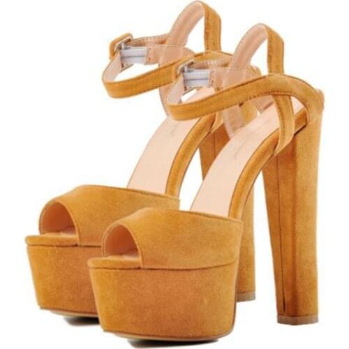 Men Women Sexy Faux Suede Peep Toe Ankle Strap Platform Chunky Heel Sandals Black Pink Yellow Size 41 42 43 44 45 US 10 12 13