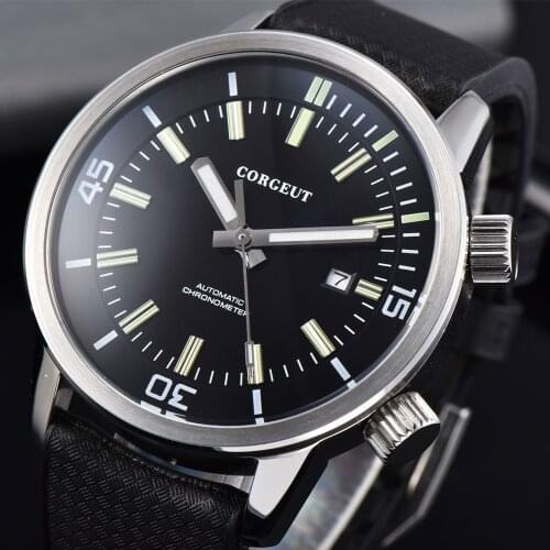 44MM CORGEUT Mens Luxury Automatic Mechanical Date rubber band sport Waterproof Luminous Watch Miyota Movement часы мужские