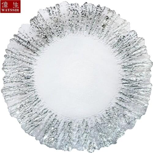 Dia34 cm Flower Shaped Silver Gold Rim Transparent Glass Charger Plate Wedding Party Decoration Events Tableware Tray Show Plate