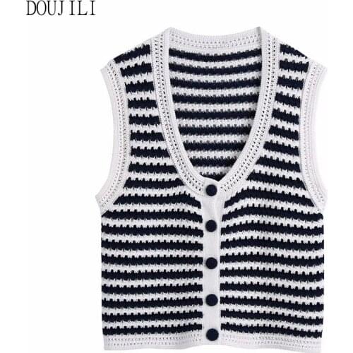 DOUJILI Women 2021 Elegant Striped Knitted Vest Sweater V Neck Sleeveless Soft Waistcoat Chic Tops For Female