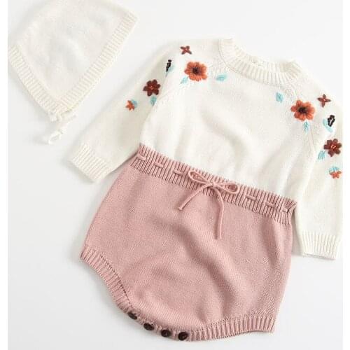 FEERIJT Baby Girls Flowers Bodysuit with Hat 2019 Cotton Knitting Sweater Soft Pink Newborn Girls Bodysuits Set Spring Jumpsuit