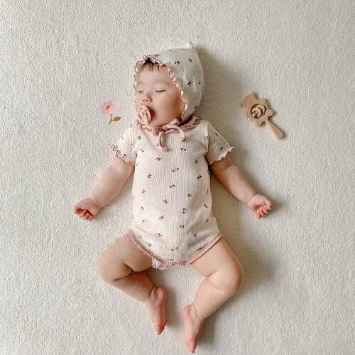 Summer BABY BODYSUIT Japanese and Korean Style Sweet Small Broken Flowers Soft Short Sleeve Petal Collar Creeper + Hat 2021 NEW