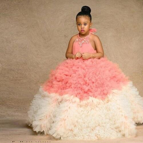 Lovely Pink Little Girls Princess Dresses Halter Crystal Layered Kids Special Occasion Gown Colorful Child Niña De Las Flores