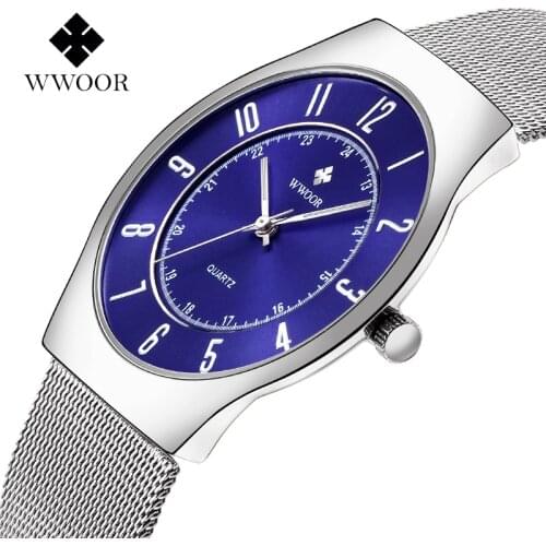 WWOOR Classic Men Watches Top Brand Luxury Blue Sport Quartz Watch Men Ultra-Thin Steel Mesh Waterproof Wrist Watch reloj hombre