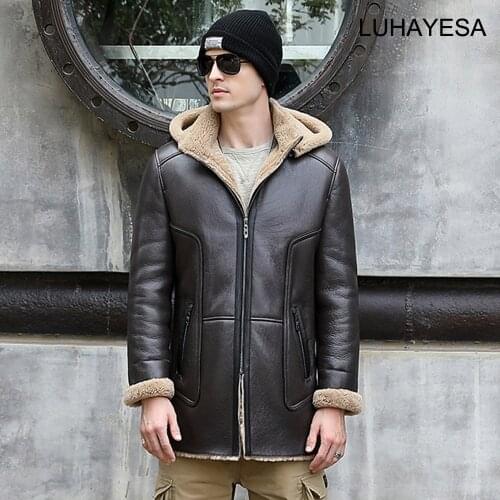 2020 New Detachable Hooded Men Medium Long Thicken Sheepskin Fur Shearling Coat Winter Business Casual Men Real Fur Jackets
