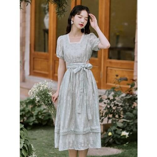 Summer New Style French Retro Womens Palace Style Bellflower Dress Literary Girl Open Waist Design Square Neck Long Dress