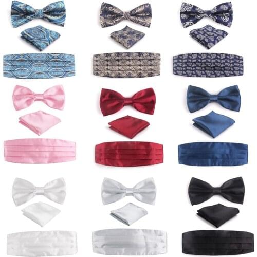 NEW Bow Tie Cummerbunds and Pocket square Set For Men Classic Suits Bowtie Waist seal Hanky Sets Adult Floral Cravats Ties