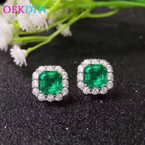 OEKDFN 100% 925 Sterling Silver Stud Earrings Emerald Gemstone Diamonds Ear Studs Cocktail Party Earrings Fine Jewelry Wholesale