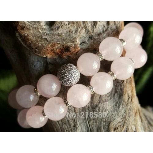 Rose Pink Quartz Beads Silver Pave CZ Ball Bracelet Set of 2 SE21609