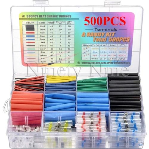 500PCS Solder Seal Wire Connectors & Heat Shrink Tubings Insulated Waterproof Electrical Butt Terminals & Shrink Tubes with Case