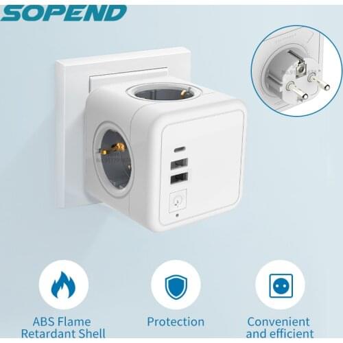 Sopend Eu Power Strip with 2 USB Switch+USB-C Socket Tee Powercube Thief Electric Plug Smart 4 Outlets Extension Adapter Gray