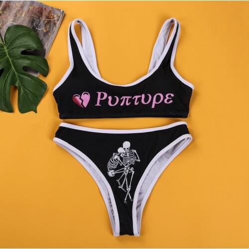 Women’s Funny Printed 2Pcs Bikini Suits Deep V-neck Detachable Breast Pad Sling Tops with Triangle Bottoms Swimsuits 2021 New