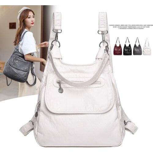 Women Backpacks Multifunctional Shoulder Bag for Women Soft Washed Leather Anti-thief Backpack Large Capacity School Bag White