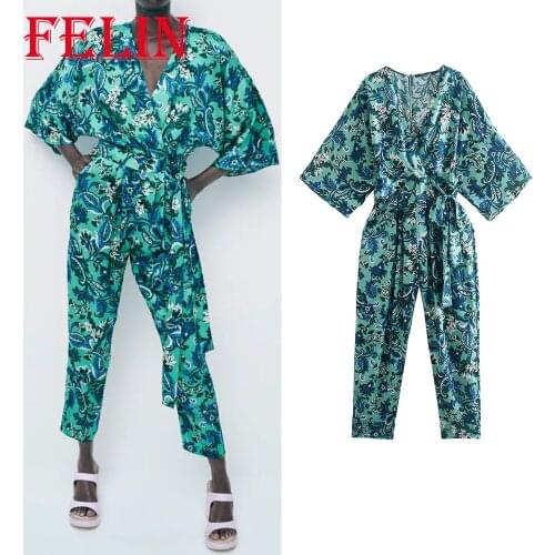 Za 2021 Women Chic Green Floral Vintage Fashion Autumn Jumpsuits V Neck High Waist Women Bodysuits Long Stylish Rompers