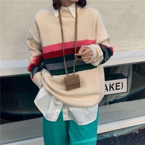 Womens Winter Loose Stripe Color Long Sleeve O-Neck Knitting Pullover Sweater Female Knitted Jumper Tops