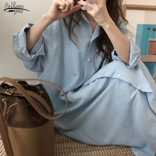 Robe Femme Vestido 2020 Autumn Blue Long Shirt Dress Vintage Cotton Dresses Long Sleeve Button Loose Dresses for Women 9649