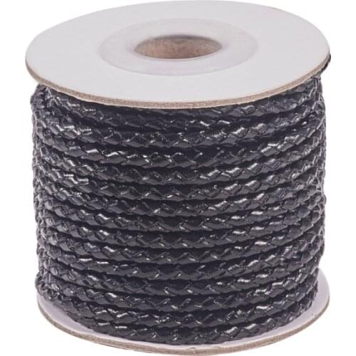 1 Roll Black Braided Leather Cord 3mm Cowhide Jewelry Making for DIY Bracelet Necklace Making, About 10m/Roll F75