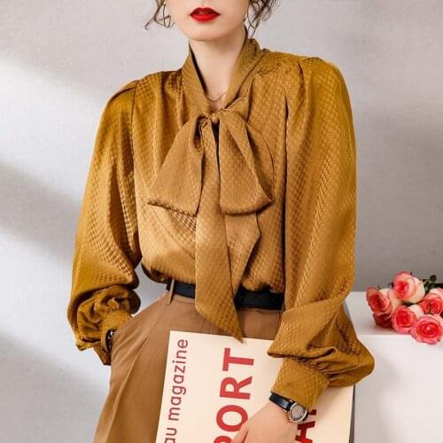 100% Silk Blouse Women Korean Style Vintage Shirt Long Sleeve Top Female Elegant Spring Autumn New 2021 Blusas Mujer Pph3560