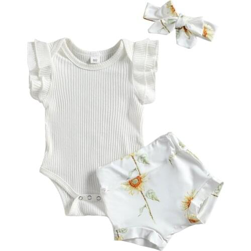 2021 Baby Summer Clothing Newborn Baby Girls Fly Sleeve Romper+Print Shorts+Headband 3PCS Outfit Set for Kids Girls