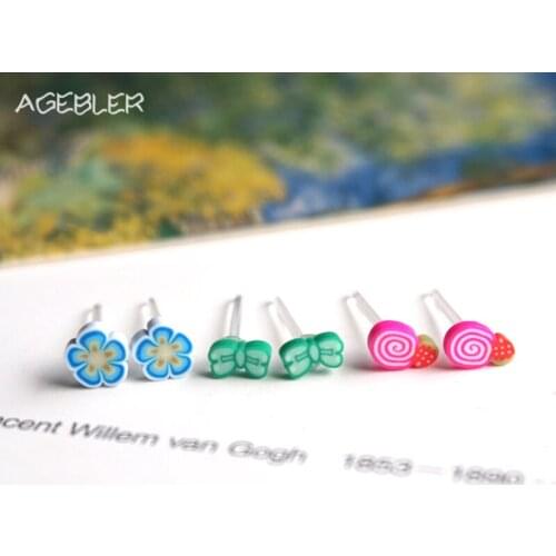 AGEBLER 3 Pairs/lot Strawberry Cake Stud Earings for Children Girl Elegant Jewelry Women Small Earrings Blue Green Wholesale P17