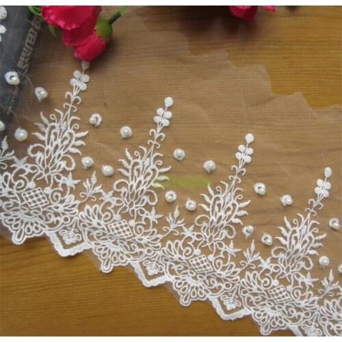 2 Meters White Cotton Pearl Embroidered Flower Mesh Lace Trim Ribbon Fabric Sewing Craft DIY Wedding Dress Clothing Accessories