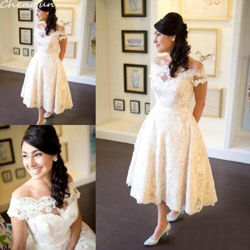 Chengjun Cute Off Shoulder Vintage A Line Beach Short Wedding Dresses