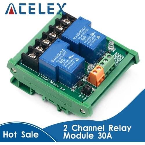 Two 2 Channel Relay Module 30A with Optocoupler Isolation High Low Trigger for Smart Home PLC with Guide Rail 5V 12V 24V