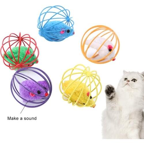 Cat toy can sound Cute Plush Mouse in Cage Squeaky Ball Cat Kitten Interactive Toy Pet Supply Colorful Pet Supplies Random Color