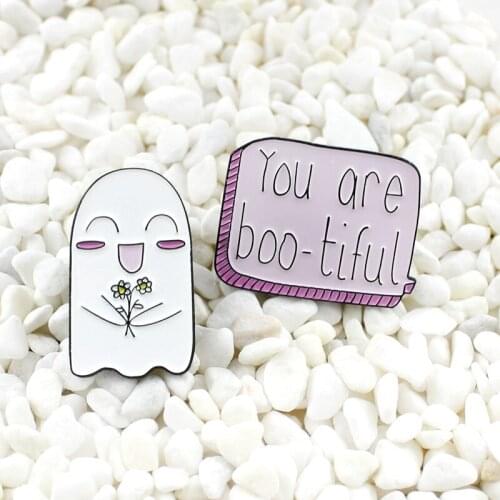 Interesting White smiling ghost holding sunflower flower Pink cute "you are boo-tifui" Enamel brooch Express love Romantic gift