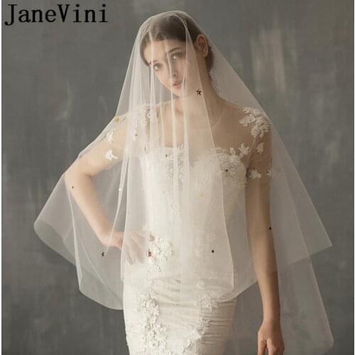 JaneVini Two Layers Bridal Veil with Comb Shiny Stars Short Wedding Veil veu de noiva curto Cut Edge Tulle Veils Tule Mariage