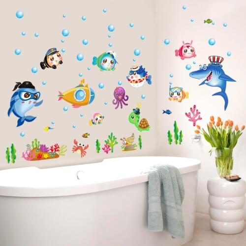 Cartoon Sea world shark wall sticker PVC Material DIY Fish jellyfish wall decals for Childrens room shower room decor sticker