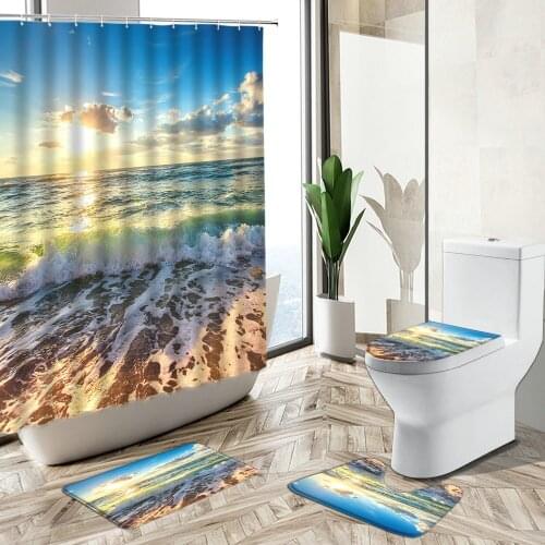 Ocean Beach Sunshine Natural Landscape Shower Curtain Waves Stones Sea Photography Non-Slip Rug Toilet Cover Bathroom Deco Set