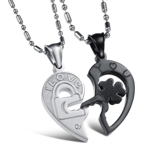 2019 Pair Necklace Lock Love Clover Key Pendants Stainless Steel Suspension Decorations Black Color Neck Men Womens Jewelry