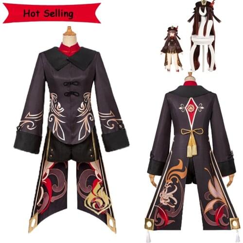 Hot Game Genshin Impact Hutao Cosplay Costume Uniform Long Brown Wig Anime Hu Tao Chinese Style Halloween Christmas Party Gift