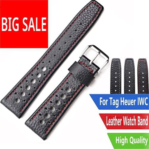 CARLYWET 20 22mm Real Leather Replacement Wrist Watch Band Strap Belt With Silver Black Clasp For Tag Heuer IWC