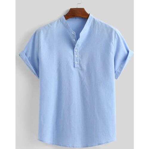 KANCOOLD Shirt Mens Summer Stand collar Loose Cotton Blend Solid Color Button Short Sleeve Shirt Tops Blouse shirts for men Jun