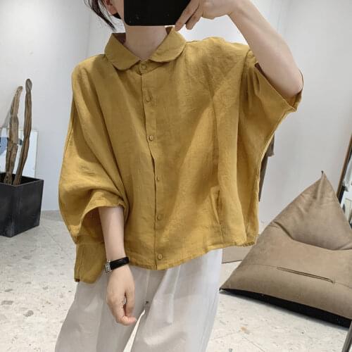 Cotton Linen Yellow Women Shirts Summer Loose Batwing Sleeved Turn-Down Collar Vintage Female Outwear Coats Tops
